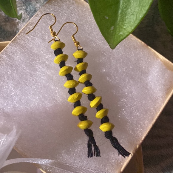 Sunflower Yellow Hand Crafted Macrame Tassel Fringe Earrings Wood Beaded Accents - Picture 3 of 8